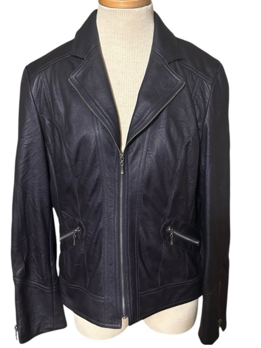 Vintage Y2K Conrad C Collection Eggplant Purple Faux Leather Moto Jacket Size 14 - Picture 3 of 7